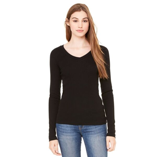 Women's Long Sleeve Sheer Mini Rib V-Neck Tee Thumbnail