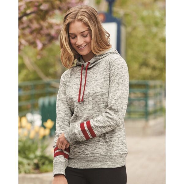 Women's Melange Fleece Striped Sleeve Hooded Pullover Thumbnail